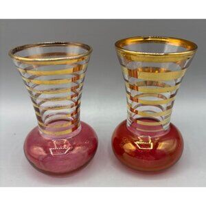 Vtg Bartlett Collins Set of 2 Glass Mini Bud Vases Red Gold Stripes
